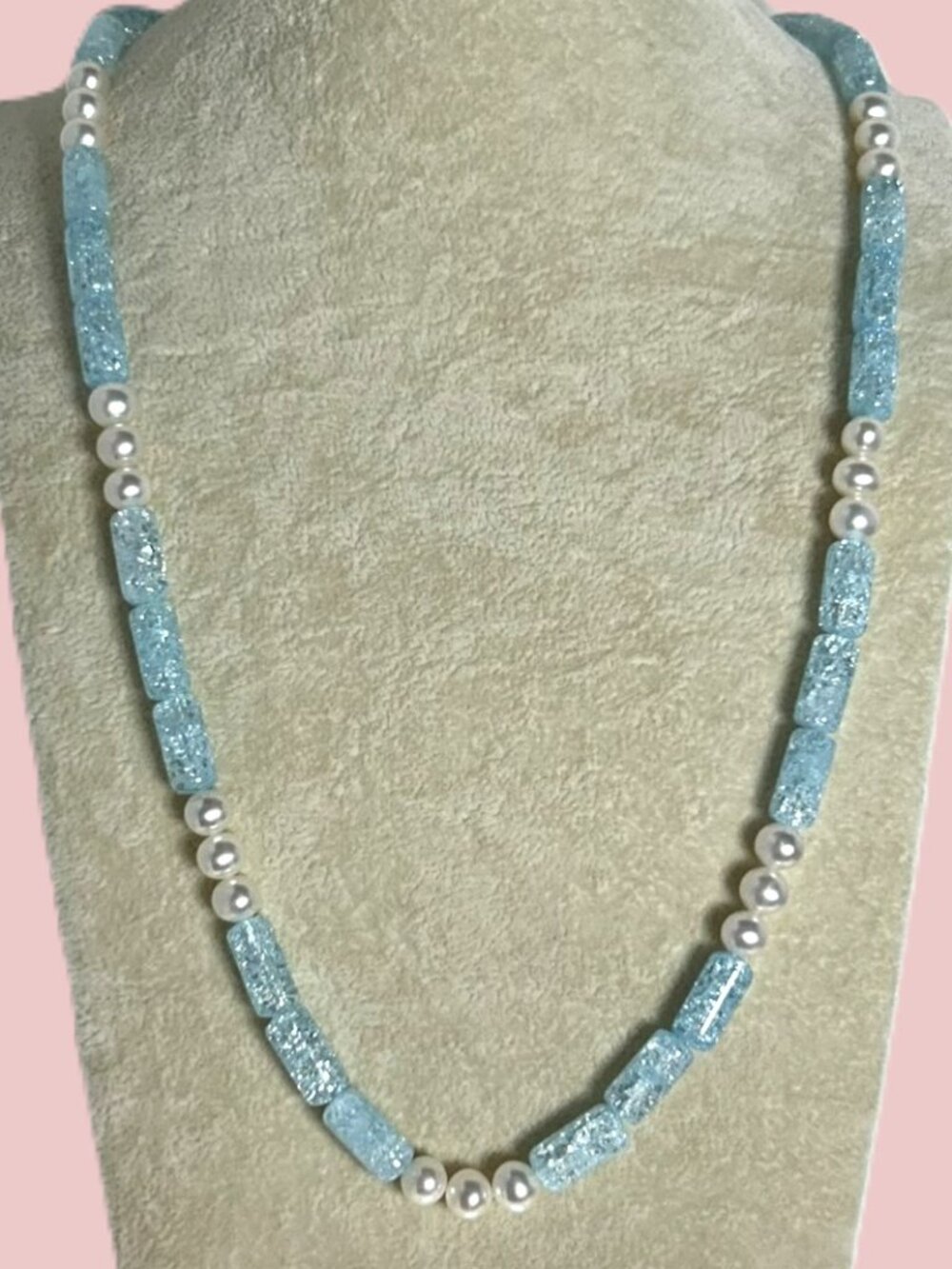 Blue Crackle Quartz Crystal and Freshwater Pearls Necklace.